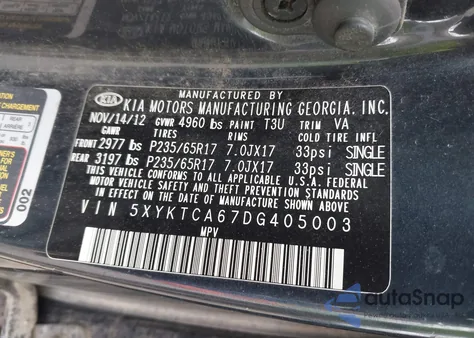 2013 Kia Sorento Lx z USA, uszkodzony, nr VIN 5XYKTCA67DG405003